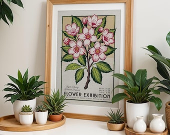 Botanische kunst kersenbloesem kersenbloesem, Japanse bloemen muurdecoratie | Botanische poster uit het midden van de eeuw voor plantenliefhebbers, vintage Japan-afdruk