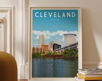 Cleveland Decor, Cleveland Travel Poster, Mid Century Ohio State Wall Art, Cleveland Skyline Print, Cleveland Digital Artwork