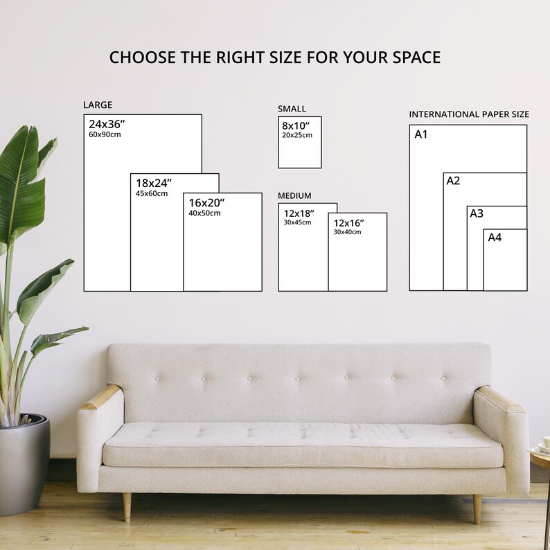 a wall with a variety of paper sizes, including large, small, medium, and international paper sizes, arranged in a grid-like pattern.