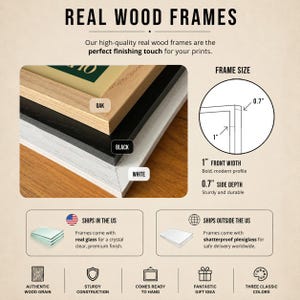 The image is a promotional image for real wood frames, highlighting their high-quality finish and the variety of frame sizes available. It features a close-up of a stack of real wood frames, showcasing the different frame sizes and their corresponding features.