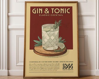 Lámina de cóctel Gin Tonic, póster de cóctel Gin Tonic, decoración de pared para bar, láminas para carrito de bar, lámina de cóctel retro, accesorios para carrito de bar