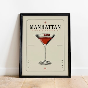 Manhattan Cocktail Print, Manhattan Cocktail Poster | Barwagen Drucke | Vintage Cocktail Poster Wandkunst für Home Bar Warenkorb Dekor