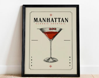 Manhattan Cocktail Print, Manhattan Cocktail Poster | Bar Cart Prints | Vintage Cocktail Poster Wall Art for Home Bar Cart Decor