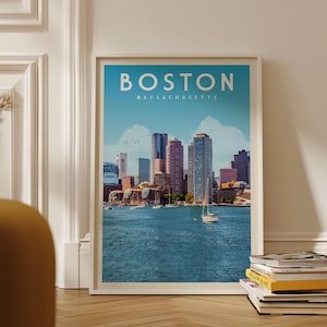 Boston City Skyline Poster, Retro Boston Wall Home Decor, Vintage Boston Massachusetts Wall Art Print, Print of Boston Artwork, Boston Gifts