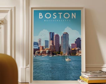 Boston City Skyline Poster, Retro Boston Wall Home Decor, Vintage Boston Massachusetts Wall Art Print, Print of Boston Artwork, Boston Gifts