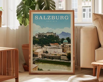 Salzburg Travel Poster, Vintage Salzburg Austria Wall Art, Retro Salzburg Wall Decor, Salzburg Austria Souvenir Gift