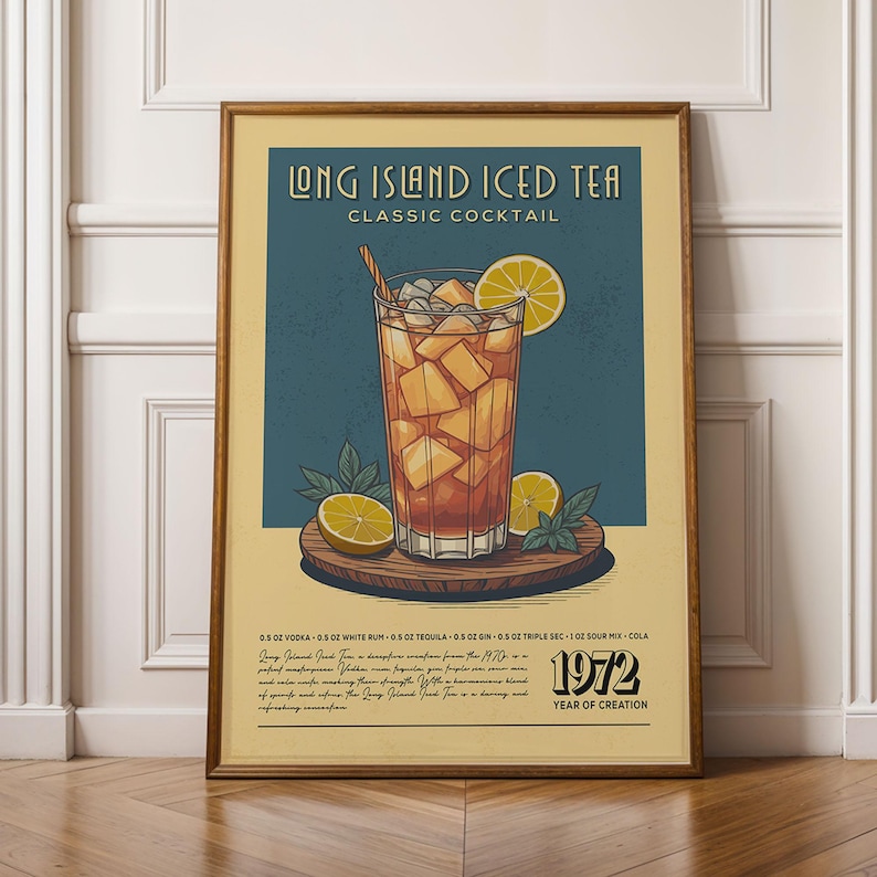 The image is a framed poster advertising a Long Island Iced Tea cocktail.