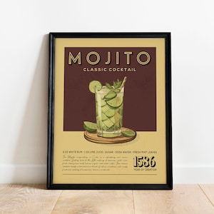 Mojito Cocktail Print, Mojito Cocktail Poster, Bar Wall Art, Classic Bar Cart Art Prints, Retro Cocktail Print, Bar Cart Accessories