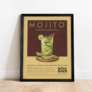 Mojito Cocktail Print, Mojito Cocktail Poster, Bar Wall Art, Classic Bar Cart Art Prints, Retro Cocktail Print, Bar Cart Accessories