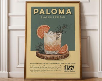Paloma Cocktail Print, Paloma Cocktail Poster | Bar Cart Prints | Vintage Drink Prints Decor for Home Bar Cart in Kitchen