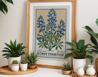 Texas Bluebonnet Botanical Print, Floral Wall Art for Plant Lovers | Retro Botanical Poster, Wildflower Garden Decor for Plant Moms