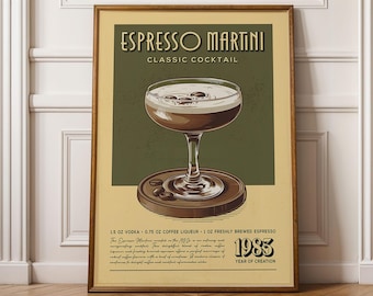 Espresso Martini Print, Espresso Martini Poster, Classic Cocktail Bar Wall Art, Bar Cart Art Prints, Retro Cocktail Print, Bar Accessories