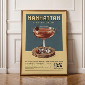 Manhattan Cocktail Print, Manhattan Cocktail Poster, Bar Wall Art, Classic Bar Cart Art Prints, Retro Cocktail Print, Bar Accessories