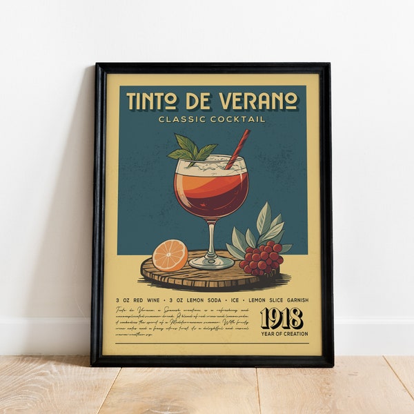 Tinto De Verano Cocktail Print, Tinto De Verano Cocktail Poster | Bar Cart Prints | Vintage Cocktail Art Bar Accessories for Home Bar Cart