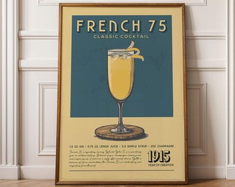 Franse cocktaildruk 75, poster Franse cocktail 75 | Barwagenafdrukken | Vintage alcoholposter voor keukenbar