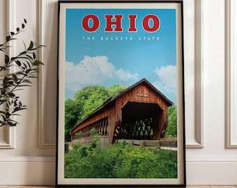 Ohio State Poster, Mid Century Ohio Kunst, Ohio Schild, Ohio Leinwand Wandkunst, Vintage Ohio Reisedruck, Ohio Wohndekor, Ohio Geschenke, Ohio Karte