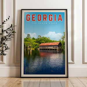 Georgië poster, Georgië ingelijste print, Georgië kunst aan de muur, Georgië decor, Georgië cadeau, Atlanta Georgië reisposter, kaart Georgië