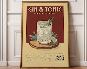 Gin and Tonic Cocktail Print, Gin and Tonic Cocktail Poster, Bar Wall Art, Bar Cart Art Prints, Retro Cocktail Print, Bar Cart Accessories
