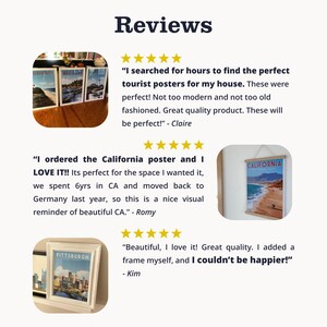 a collection of three images, each with a different caption describing the content and quality of the posters. The images include a poster of a beach, a poster of a city skyline, and a poster of a beach. The captions provide positive feedback about the posters, highlighting their quality and the visual appeal they bring to the space.