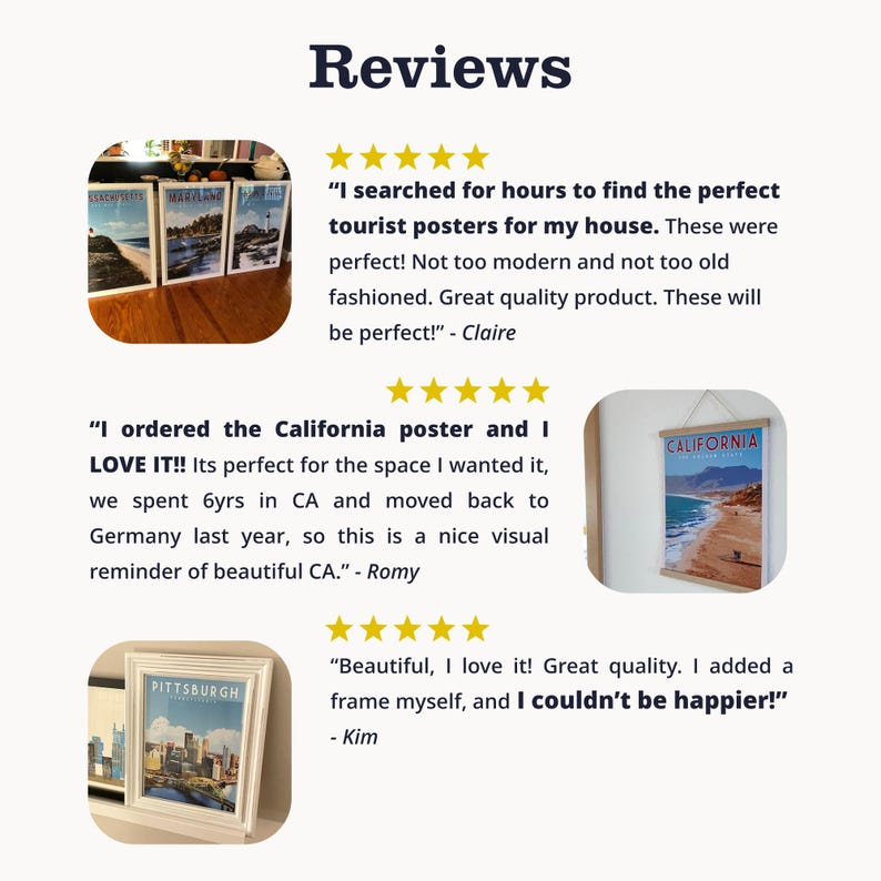 a collection of three images, each with a different caption describing the content and quality of the posters. The images include a poster of a beach, a poster of a city skyline, and a poster of a beach. The captions provide positive feedback about the posters, highlighting their quality and the visual appeal they bring to the space.