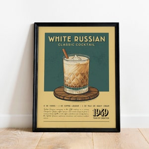 Weißer russischer Cocktail Druck, weißer russischer Cocktail Poster | Barwagen Drucke | Retro Alkohol Drucke für die Vintage Küche