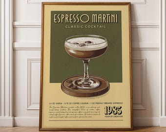 Espresso Martini Print, Espresso Martini Poster, Classic Cocktail Bar Wall Art, Bar Cart Art Prints, Retro Cocktail Print, Bar Accessories