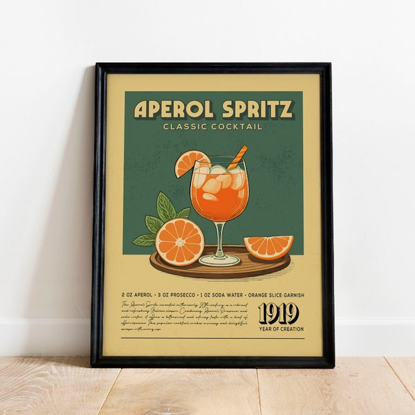 Aperol Spritz Print, Aperol Spritz Poster, Klassische Cocktailbar Wandkunst, Barwagen Kunstdrucke, Retro Cocktail Print, Barwagen Zubehör