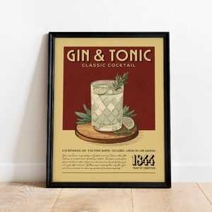 Gin and Tonic Cocktail Print, Gin and Tonic Cocktail Poster, Bar Wall Art, Bar Cart Art Prints, Retro Cocktail Print, Bar Cart Accessories