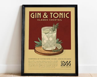 Gin and Tonic Cocktail Print, Gin and Tonic Cocktail Poster, Bar Wall Art, Bar Cart Art Prints, Retro Cocktail Print, Bar Cart Accessories