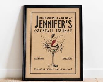 Póster de cóctel Martini Girl, arte mural vintage para bar de cócteles, impresiones de carritos de bar, impresión de salón Martini, arte de Martini