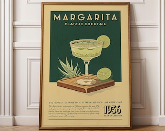 Margarita Cocktail Print, Margarita Cocktail Poster, Bar Wall Art, Classic Bar Cart Art Prints, Retro Cocktail Print, Bar Accessories