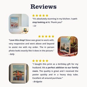 three reviews of a shop, each with a different image of a poster or artwork. The reviews are positive, with the customers expressing their satisfaction with the products and the overall shopping experience.