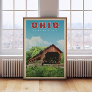 Ohio State Poster, Mid Century Ohio Art, Ohio Sign, Ohio Canvas Wall Art, Vintage Ohio Travel Print, Ohio Home Decor, Ohio Gifts, Ohio Map