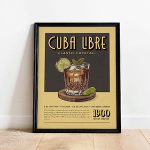 Cuba Libre Cocktail Print, Cuba Libre Cocktail Poster, Rum und Cola Wandkunst | Barwagen Drucke | Vintage Drink Prints für die Hausbar