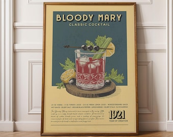 Bloody Mary Cocktail Print, Bloody Mary Cocktail Poster | Bar Cart Prints | Vintage Cocktail Art Bar Accessories for Home Bar Cart