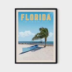 Póster de viaje de Florida, arte mural de Florida, mapa antiguo del estado de Florida, decoración de casas de playa de Florida, impresión artística de los Cayos de Florida, regalo del estado del sol