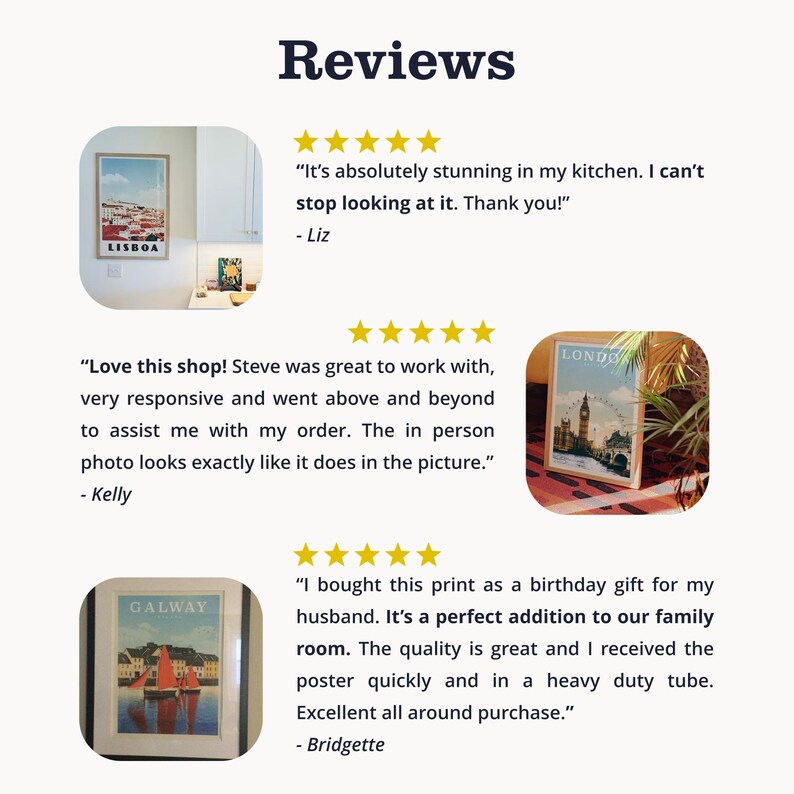 three reviews of a shop, each with a different image of a poster or artwork. The reviews are positive, with the customers expressing their satisfaction with the products and the overall shopping experience.