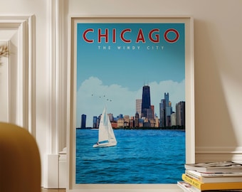 Chicago Wall Art, Chicago Art Print, Chicago Wall Decor, Chicago Travel Poster Framed, Chicago Vintage, Chicago Skyline Map, Chicago Gifts