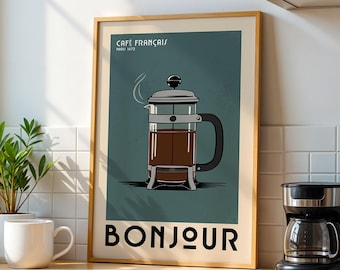 Poster sul caffè con pressa francese, stampa artistica per bar, decorazione moderna per la cucina / Poster vintage sul caffè / Decorazione per bar per gli amanti del caffè