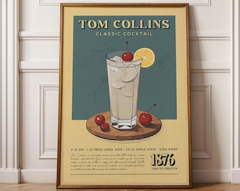 Affiche Cocktail Tom Collins, Poster Cocktail Tom Collins | Impressions de chariot de bar | Affiche vintage d'alcool pour la maison