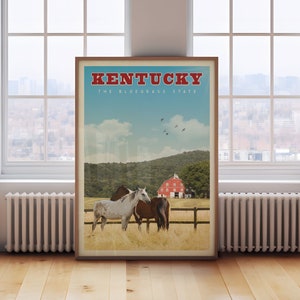 Kentucky State Travel Poster, Kentucky Art, Kentucky Gift, Kentucky Print, Kentucky Wall Decor, Kentucky Derby, Kentucky Horses