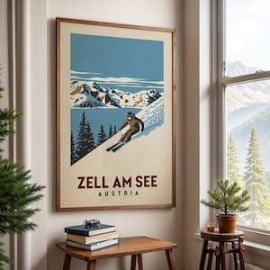 Skiposter Zell am See, Oostenrijk, retro skiprint | Vintage skiposter | Après-ski muurkunst