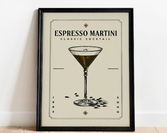 Espresso Martini Print, Espresso Martini Poster | Bar Cart Prints | Vintage Cocktail Poster Wall Art for Home Bar Cart Decor