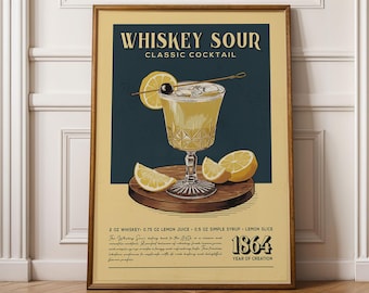 Whiskey Sour Cocktail Print, Whiskey Sour Cocktail Poster, Bar Wall Art, Classic Bar Cart Art Prints, Retro Print, Bar Accessories