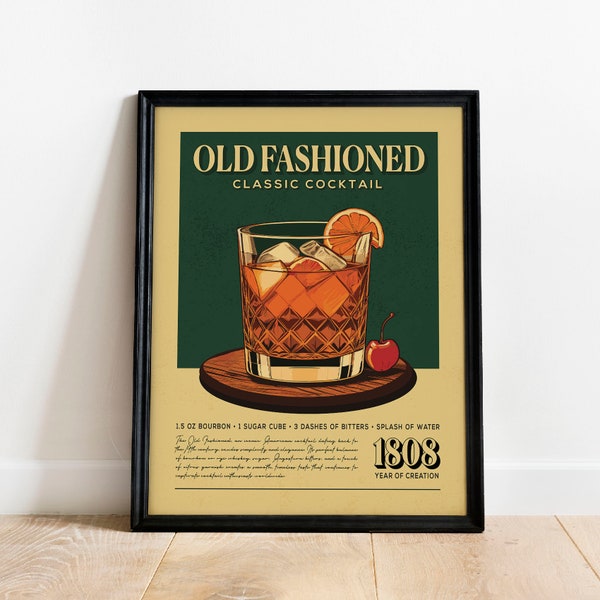 Old Fashioned Cocktail Print, Old Fashioned Cocktail Poster, Bar Wall Art, Classic Bar Cart Art Prints, Retro Print, Bar Accessories