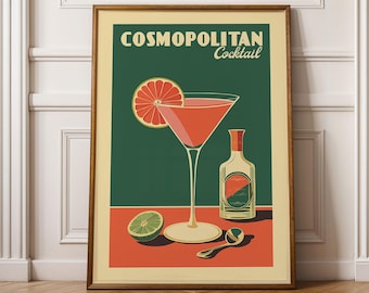 Cosmopolitan Cocktail Print, Cosmopolitan Cocktail Poster, Bar Wall Art, Classic Bar Cart Art Prints, Retro Cocktail Print, Bar Accessories