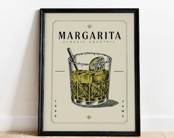 Margarita Cocktail Print, Margarita Cocktail Poster | Bar Cart Prints | Vintage Cocktail Poster Wall Art for Home Bar Cart Decor