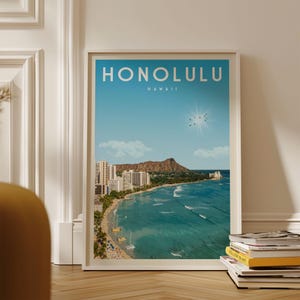 Honolulu Skyline Art Print, Honolulu Vintage Poster, Hawaii Wall Art, Hawaii Art Print, Hawaii Travel Poster, Surf Board Wall Art Print