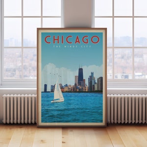 Arte mural de Chicago, impresión artística de Chicago, decoración de pared de Chicago, póster de viaje de Chicago enmarcado, Chicago vintage, mapa del horizonte de Chicago, regalos de Chicago