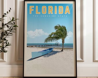 Florida reisposter, kunst aan de muur Florida, vintage kaart staat Florida, decor Florida Beach House, Florida Keys Art Print, Sunshine State cadeau
